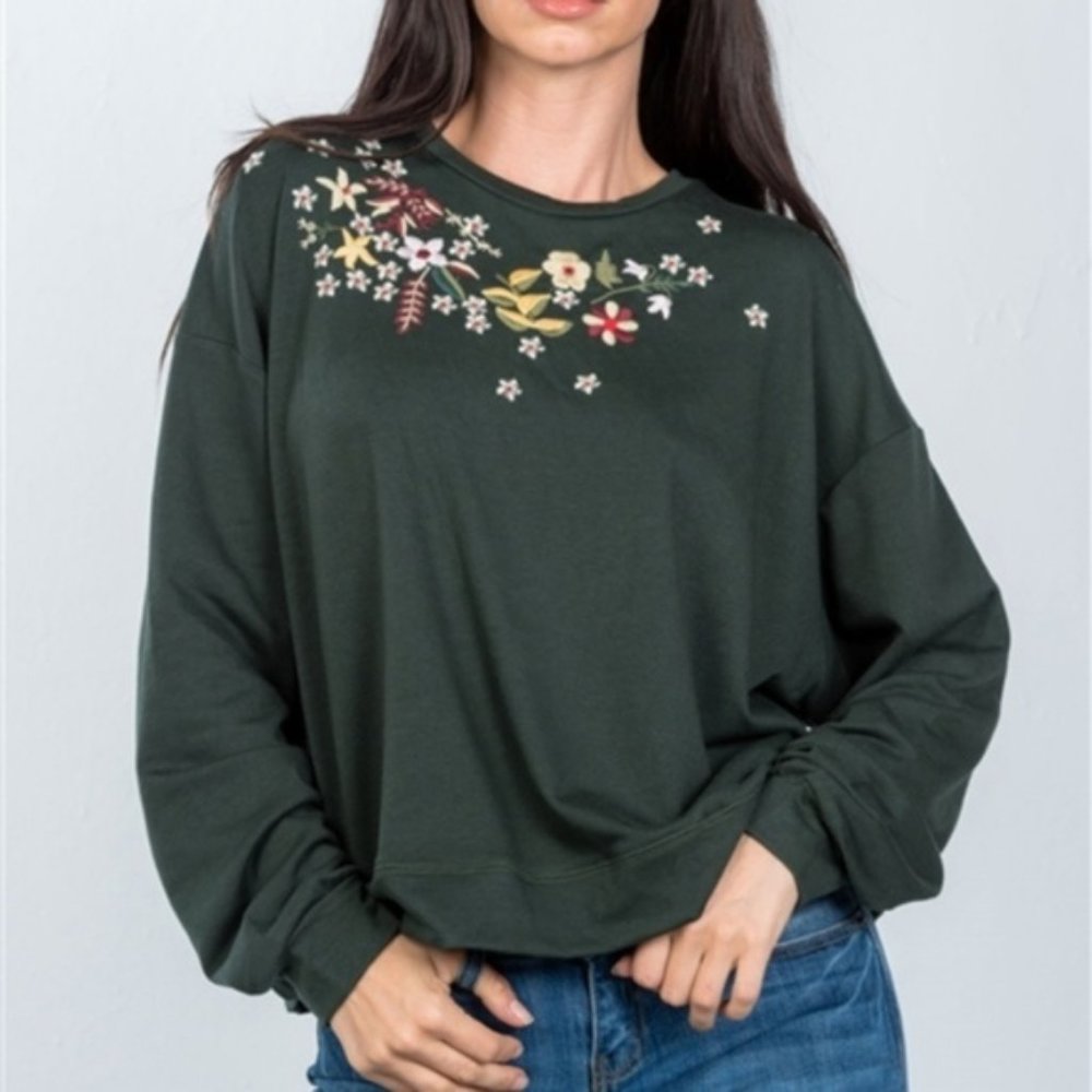 Olive Green Fall Embroidered Sweater Pullover Floral Vintage Style